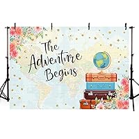 MEHOFOTO Adventure Begins Baby Shower Party Decorations Backdrop Vintage Red Floral Suitcases Travel Around The World Map Bridal Wedding Shower Photography Background Photo Banner 7x5ft