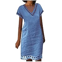 Women Hollow Trim Cotton Linen T-Shirt Dresses Short Sleeve Crewneck Casual Solid Dressy Tunic Dress with Pockets