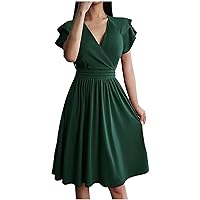 Women Casual Summer Dresses 2024 Spring Wrap V Neck Ruffle Short Sleeve Solid Smocked Work Party A-Line Swing Dress
