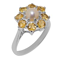 Solid 925 Sterling Silver Cultured Pearl & Citrine Womens Cluster Ring - Sizes 4 to 12 Available
