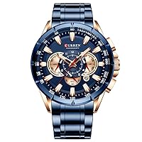Curren Men's Wristwatch Three Sub Dials Date Display Steel Sport Quartz Clock Blue 8363