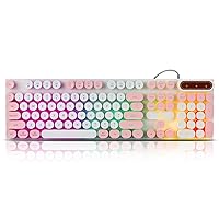 Wired Retro Punk Gaming Keyboard with Rainbow Backlit, 104 Keys Wired Cute Keyboard, Round Keycaps for Windows/Mac/PC(White and Pink)