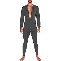Panegy Men's Long Sleeve Comfortable One Piece Pajama Jumpsuit Stripped Henley Button Onesie Romper Novelty S-3XL
