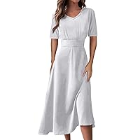 Women's Sun Dresses 2024 Casual Fashion Solid Color V-Neck Short Sleeve Waist Long Swing Dress, S-2XL