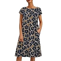 Dresses for Women 2024 Summer Cotton Linen Floral Gauze Dress Loose Casual Beach Vacation Midi Dress with Pockets