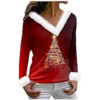 Christmas Shirts for Women Long Sleeve Fleece Casual Tops V Neck Loose Fit Fur Collar Tees Workout Winter Clothes