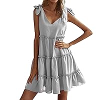 Women's Summer Fashion Casual V Neck Tiered Mini Dress with Ties On Shoulders Casual Beach Dress Dresses in