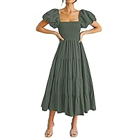 NBXNZWF Short Sleeve Summer Dresses for Women 2024 Elegant Solid Color Square Neck Backless Bubble Sleeve Pleated Maxi Dress