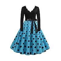 EFOFEI Women's Hepburn Polka Dots Dress Long Sleeve Knee-Length Dress Cocktail Party Evening Dress