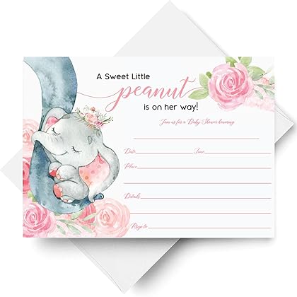 25 Boxed Pink Elephant Jungle Baby Shower Invitations and Envelopes (Large Size 5X7 INCHES), 25 Diaper Raffle Tickets, 25 Baby Shower Book Request Cards, Floral Elephant Animal Invites for Girl Baby Showers