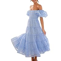 Women's Summer Casual Midi Dress Smocked Square Neck Short Puff Sleeve Dress Flowy Plaid Tiered Ruffle Dresses