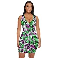 CowCow Womens Party Dress Mexican Day of Dead Skull Roses Floral Clubwear Draped Bodycon Dress, XS-5XL