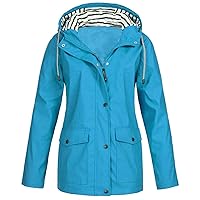 Women's Button Down Zipper Rain Jacket Lightweight Waterproof Windproof Raincoats Drawstring Hooded Windbreaker