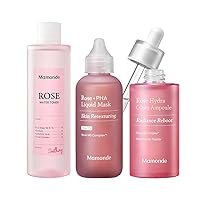 Mamonde Rose Line up Trio - Rose Water Toner for face, Rose PHA Liquid Mask for Gentle exfoliating, Hydra Glory Ampoule for deep Hydration
