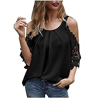 Cold Shoulder Crewneck Lace Tops for Women, Summer Sexy Casual T Shirts Short Sleeve Blouses Flowy Tunics Tees
