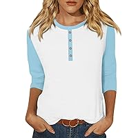 Petite Tops for Women 3/4 Sleeve Casual Colorblock Button Down Crewneck Shirt Fashion Loose Work Blouse