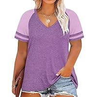 RITERA Plus Size Tops for Women Summer Short Sleeve V Neck Shirts Color Block Tshirts Casual Sexy Tees Tunics Blouses Purple 2XL 18W 20W