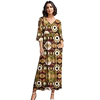 Women's 3 Quarter Sleeve V-Neck Empire Waist Maxi Dress with Geometric Multi Color Pattern