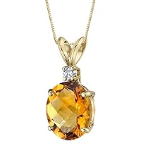 PEORA Solid 14K Yellow Gold Citrine and Diamond Pendant for Women, Genuine Gemstone Birthstone, Elegant Solitaire, Oval Shape, 10x8mm, 2.30 Carats total
