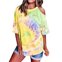 Womens Oversized One Cold Shoulder Tie Dye Hippie Shirts Half Sleeve Summer Tops 2024 Casual Loose Fit Tshirts Tees