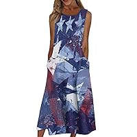American Flag Dress Women Casual July 4th Patriotic Printed Dresses Round Neck Basic Sleeveless Loose Dresses