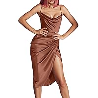 LYANER Women’s Sexy Satin Cowl Neck Spaghetti Straps Wrap Ruched Sleeveless Split Party Midi Cami Dress