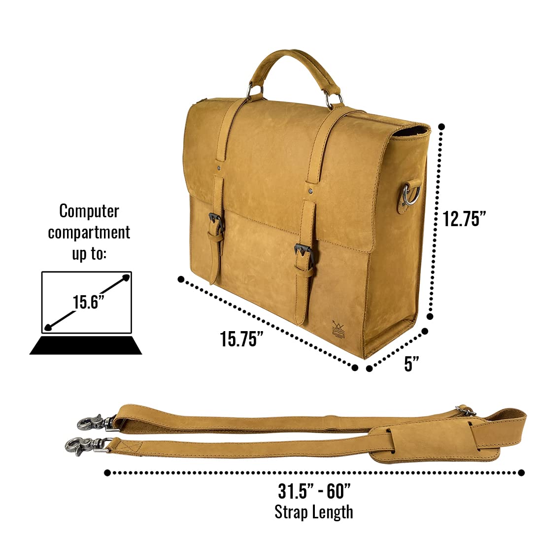 Weatherproof Leather, Messenger Bag Handmade from Suede Leather with Plaid Cotton Lining - Briefcase for Storing Computer, Books, with Zipper Closure, Adjustable Crossbody Strap - Old Tobacco