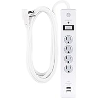 GE Surge Protector, 4 Outlets 2 USB Ports, Extra Long 8ft. Power Cord, White, 25798