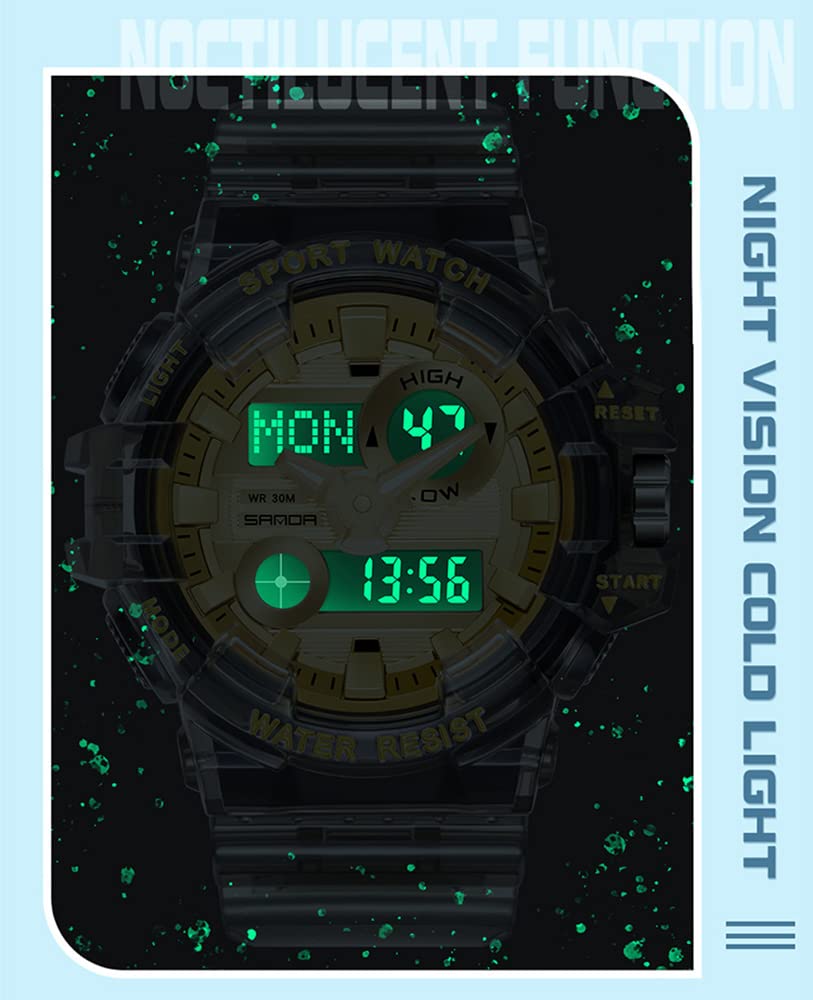 carlien Men's Analog Digital Display LED Watch Military Multifunctional Waterproof Quartz Sports Watch with Transparent Strap