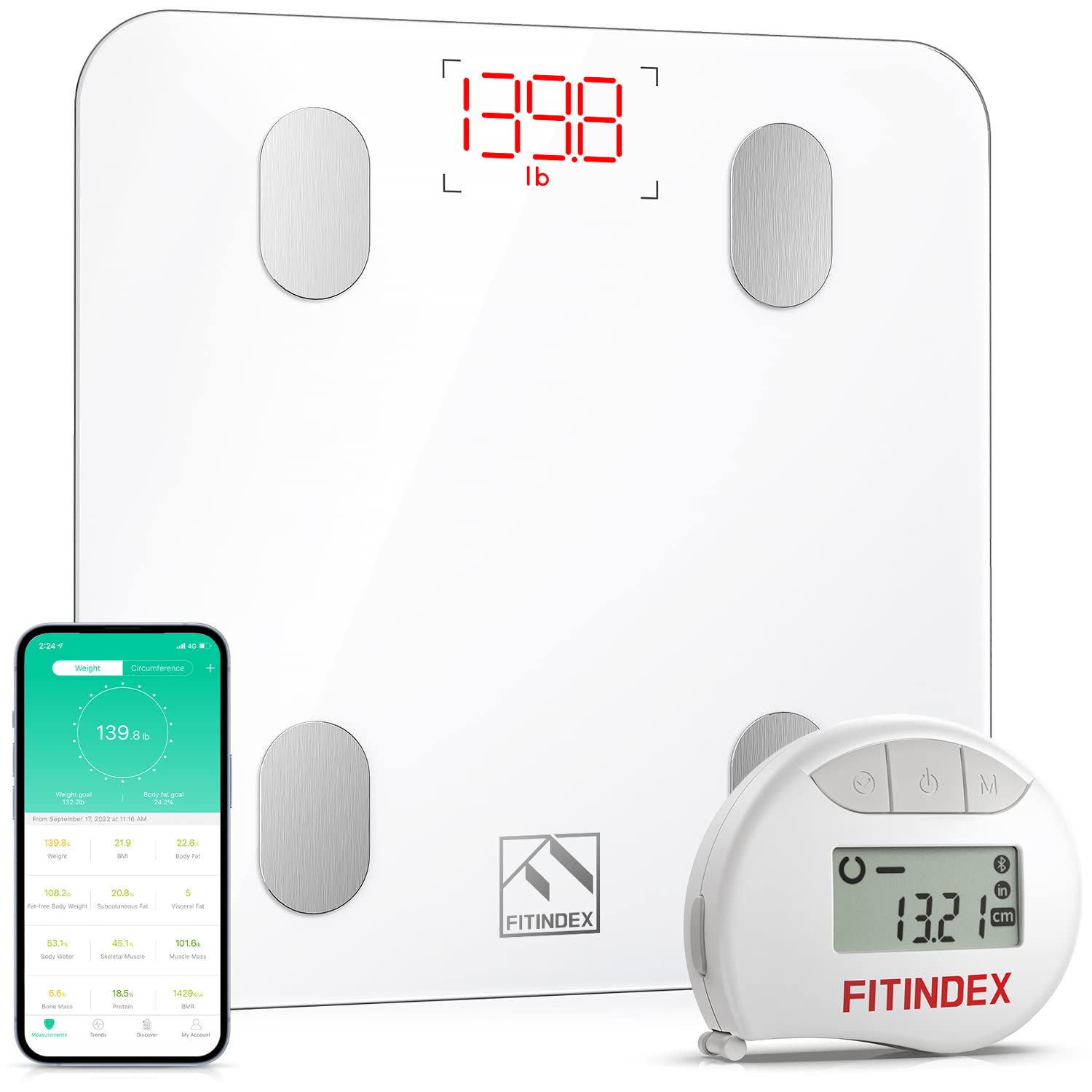 FITINDEX Smart Body Fat Scale and Tape Measure, Digital Bathroom Scale for Body Weight and Fat & Measuring Tape for Body with APP, Bluetooth BMI Weighing Machine, Body Composition Analyzer for People