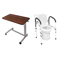 Vaunn Medical Adjustable Overbed Table with Wheels and Deluxe Adjustable Folding Toilet Safety Rail Bundle