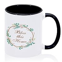 Bless This Home Coffee Mugs Black Circle Garland Wreath Ceramic Accent Mugs Funny Home Mugs Gift for New Year Cereal Cafe 11oz