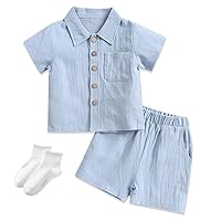 Toddler Boy Cotton Linen Shorts Set 2 Piece Outfits Summer Short Sleeve Button Down T-Shirt Tops Shorts