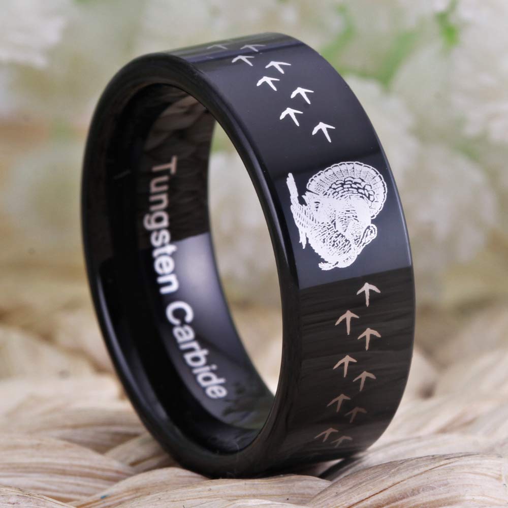 CLOUD DANCER Turkey and Tracks Design Rings 8MM Width Pipe Tungsten Carbide Rings for Wedding-Free Engraving Inside