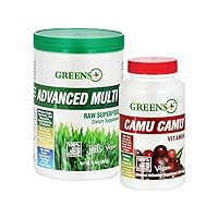 Greens+ Advanced Multi Raw Superfood Powder Healthy Organic Blend, Non-GMO, Soy/Dairy/Gluten Free Camu Camu Vitamin C Supplement Pure Berry SuperFruit 400mg Vitamin C, 120 Veggie Capsules