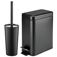mDesign Metal Freestanding Slim Toilet Bowl Brush and Holder + Rectangle Narrow 5 Liter / 1.3 Gallon Step Pedal Trash Can Wastebasket for Bathroom - Small, Compact Design - Set of 2 - Black