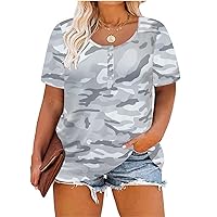RITERA Plus Size Tops for Women Casual Basic Shirts Summer Short Sleeve Camo Tunic Oversized Blouse Henley Shirt