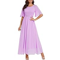 Womens Chiffon Bridesmaid Formal Gowns Short Sleeve Smocked Cocktail Prom Wedding Guest Maxi Dress