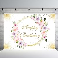 MEHOFOND 7x5ft Spring Girl Happy Birthday Floral Backdrop Watercolor Bday Party Decoration Background Pink Flowers Gold Glitter Photo Booth Props
