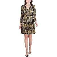 BCBGeneration Womens Gold Zippered Lined Belted Textured Tiered Printed 3/4 Sleeve Surplice Neckline Above The Knee Evening Fit + Flare Dress 14