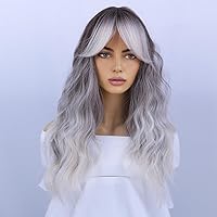 Platinum Blonde Wig Long Wavy Hair Wig With Bangs for Women Brown Platinum Blonde Ombre Heat Resistant Synthetic Hair Wigs for Daily Use Cosplay Wig With Wig Cap