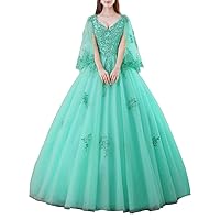 Women's V Neck Cap Sleeves Quinceanera Dresses Crystals Beading Formal Prom Gown