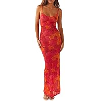 Women’s Floral Mesh Maxi Dress Sleeveless Spaghetti Strap Backless High Split Long Dress See Through Summer Dress