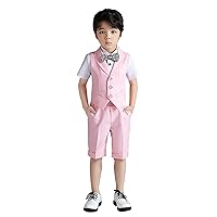 Boys Suit Vest Set 4-Piece Formal Suit Boy Short Sleeves Shirts and Shorts Long Pants Outfits Set with Tie Bow