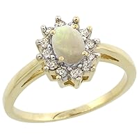 14K White Gold Natural Opal Flower Diamond Halo Ring Oval 6X4mm, sizes 5-10