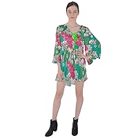 CowCow Womens Hawaii Hibiscus Tropical Flowers Floral Leaves Summer Party V-Neck Flare Sleeve Mini Dress