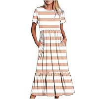 Summer Stripe Dresses for Women Short Sleeve Crewneck Ruffle Hem Maxi Dress Casual Swing A-Line Dress with Pockets