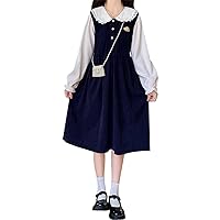 Teens Corduroy Dress Women Trendy Casual Cute Ruffle Peter Pan Collar Long Sleeve Smocked Dresses Kawaii Fall Outfits