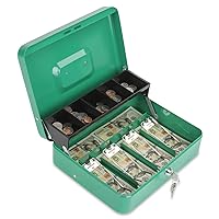 Cash Box with Lock and 2 Keys, Metal Money Box with Cash Tray, Lock Safe Box, 4 Bill/5 Coin Slots, 11.8L x 9.5W x 3.5H Inches (Key-Green)