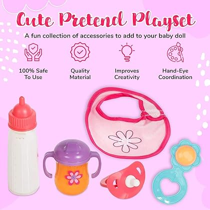 Mommy & Me Baby Doll Bottles with Disappearing Milk, Realistic Accessories, 5 Piece Baby Doll Feeding Set, Includes A Disappearing Magic Bottle, Sippy Cup, Bib and Pacifier